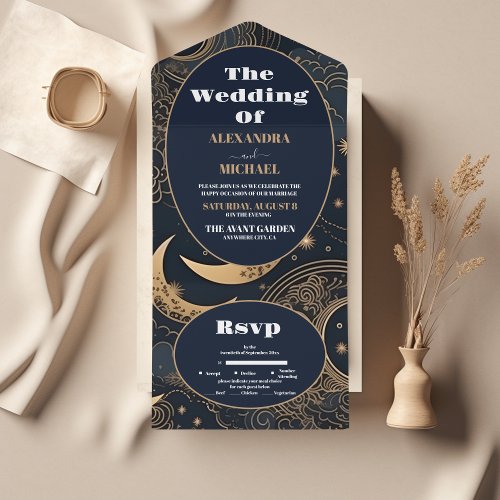 Midnight Blue Gold Celestial Wedding All In One Invitation