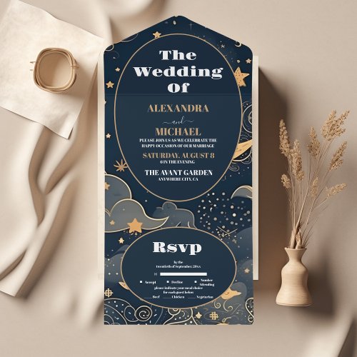 Midnight Blue Gold Celestial Wedding All In One Invitation