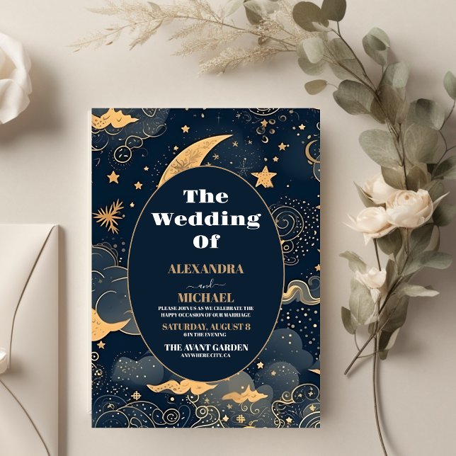 Midnight Blue Gold Celestial Wedding Invitation (Creator Uploaded)
