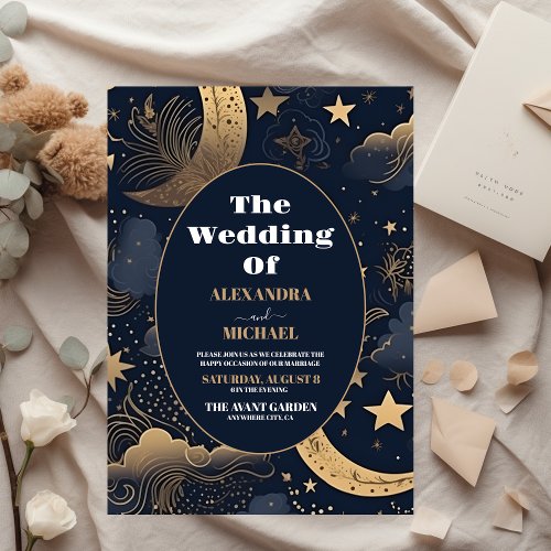 Midnight Blue Gold Celestial Wedding Invitation