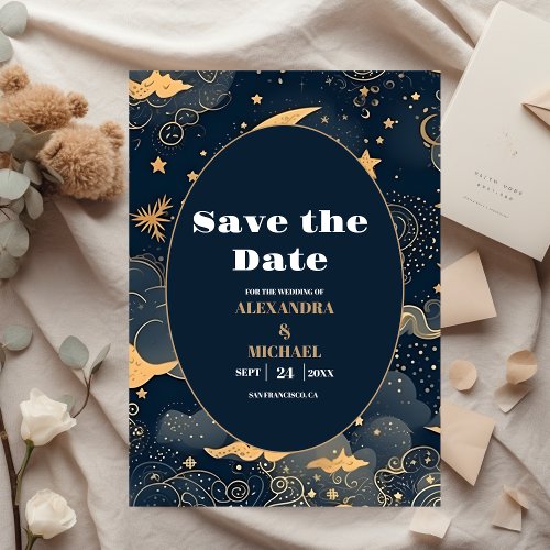 Midnight Blue Gold Celestial Wedding Save The Date