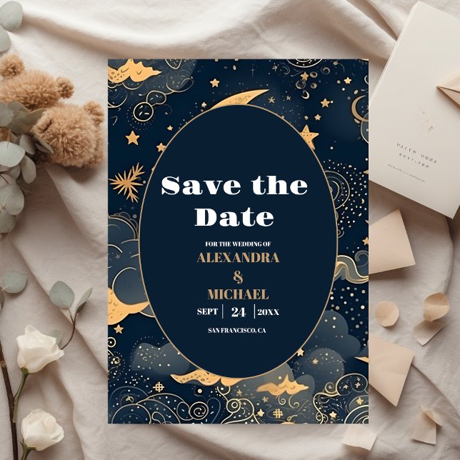 Midnight Blue Gold Celestial Wedding Save The Date (Creator Uploaded)