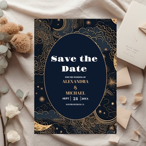 Midnight Blue Gold Celestial Wedding Save The Date