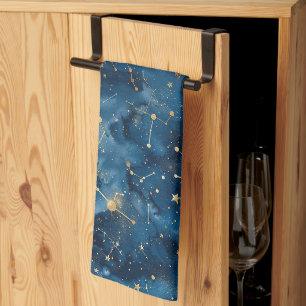 Midnight Blue Gold Cosmic Nebula Stardust Kitchen Towel