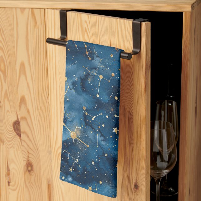 Midnight Blue Gold Cosmic Nebula Stardust Kitchen Towel (Thirds Fold)