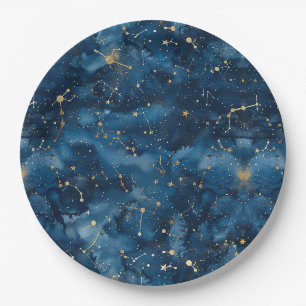 Midnight Blue Gold Cosmic Nebula Stardust Paper Plates