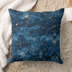 Midnight Blue Gold Cosmic Nebula Stardust Throw Pillow
