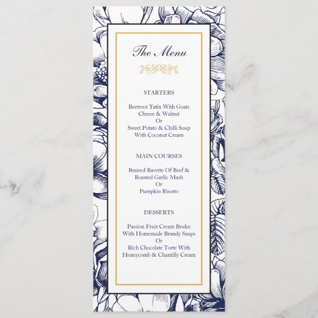 Midnight Blue & Gold Floral Wedding Menu Card (Front)