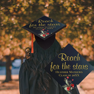 Midnight Blue & Gold Floral with Red Accents Graduation Cap Topper