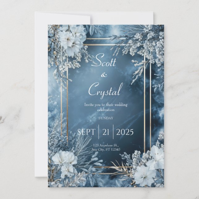 Midnight Blue Gold Frame Frosted Winter Floral Invitation (Front)