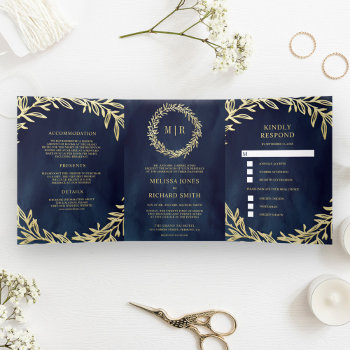 Midnight Blue Gold Leaf Branch All In One Wedding Tri-fold Invitation by ShabzDesigns at Zazzle