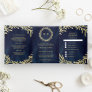 Midnight Blue Gold Leaf Branch All in One Wedding Tri-Fold Invitation
