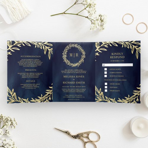 Midnight Blue Gold Leaf Branch All in One Wedding Tri_Fold Invitation