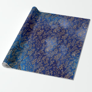 Midnight Blue Gold Leaf Elegant Effect Wrapping Paper
