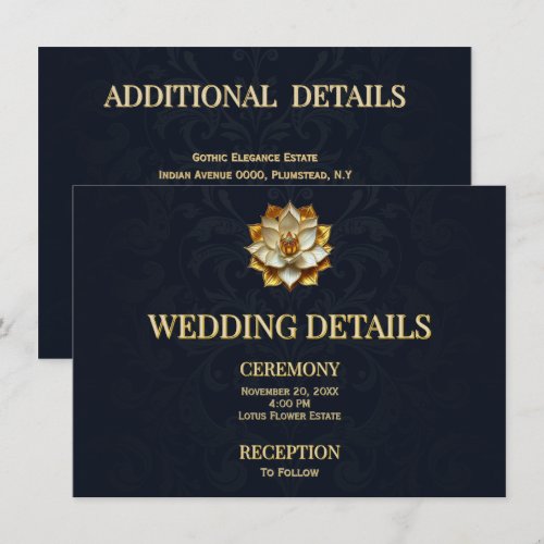 Midnight Blue Gold Lotus Wedding Details Card