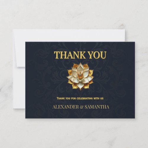 Midnight Blue Gold Lotus Wedding Thank You Card