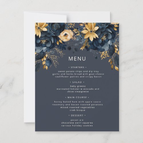 Midnight Blue Gold Luxe Floral Wedding Menu Card