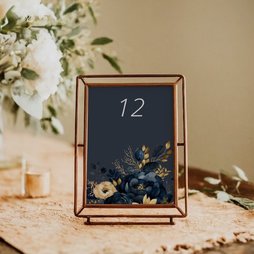 Midnight Blue Gold Luxe Floral Wedding Table Card