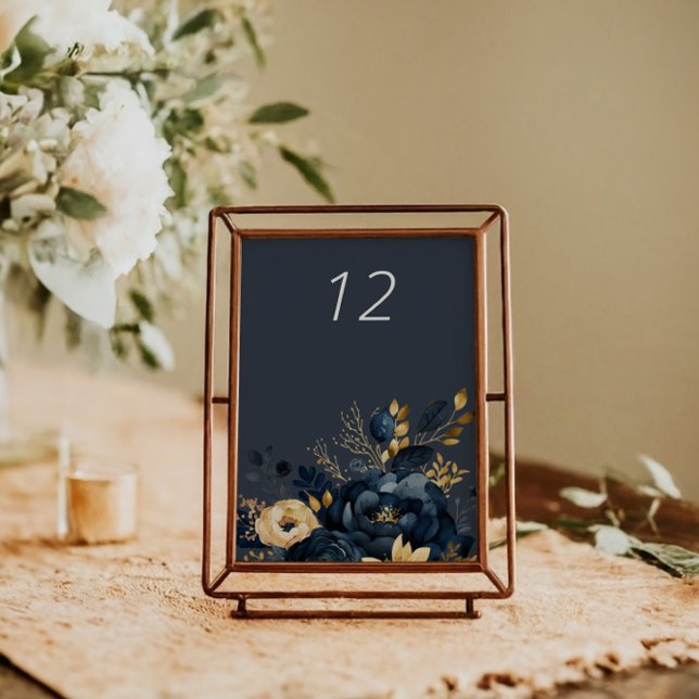Midnight Blue Gold Luxe Floral Wedding Table Card (Creator Uploaded)