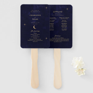 Midnight Blue Gold Moon Stars Wedding Program Hand Fan