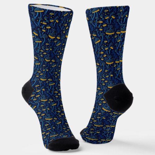 Midnight Blue Gold Mushroom - Cottagecore Socks