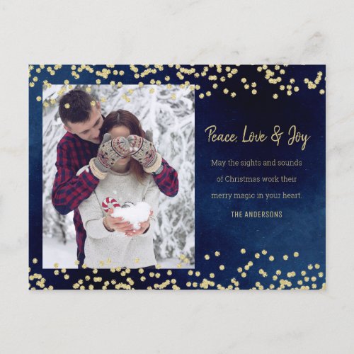 Midnight Blue Gold Peace Love Joy Holiday Dotted Postcard