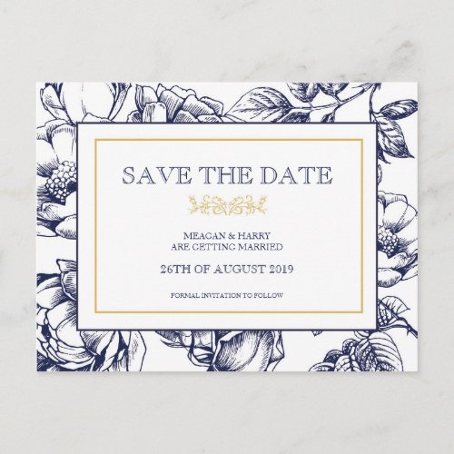 Midnight Blue  Gold Save the Date Postcard