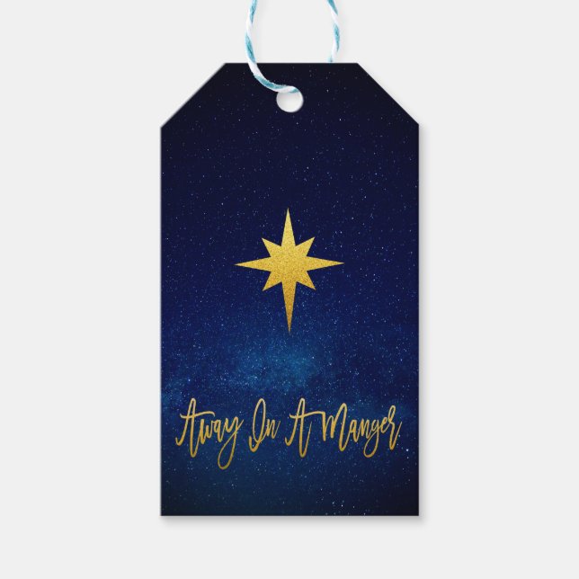 Midnight Blue Gold Star Away In A Manger Christmas Gift Tags (Front)