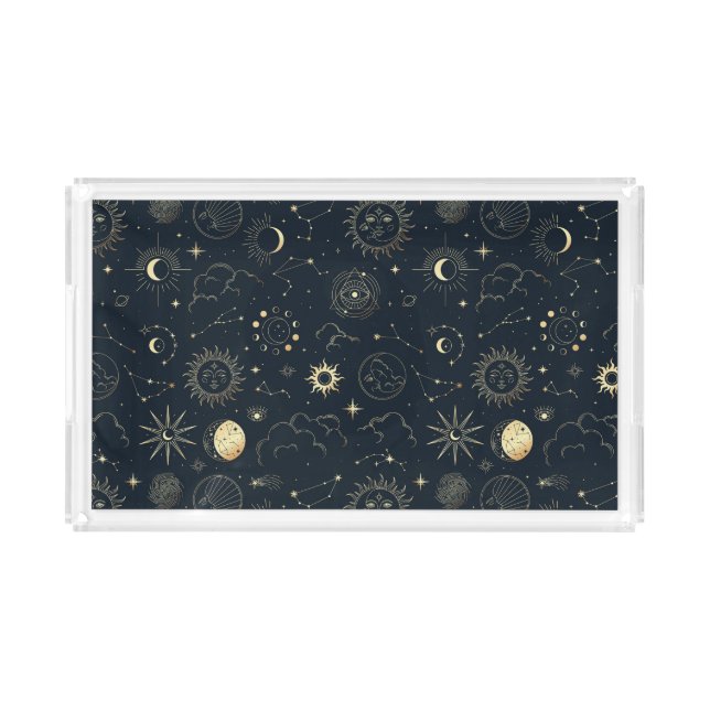 Midnight Blue Gold Star Constellation Pattern Acrylic Tray (Front)