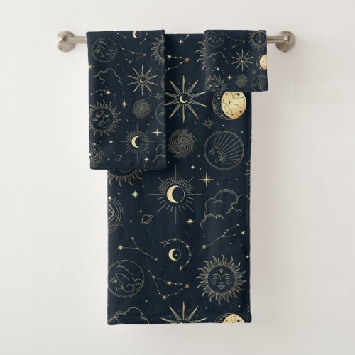 Midnight Blue Gold Star Constellation Pattern Bath Towel Set