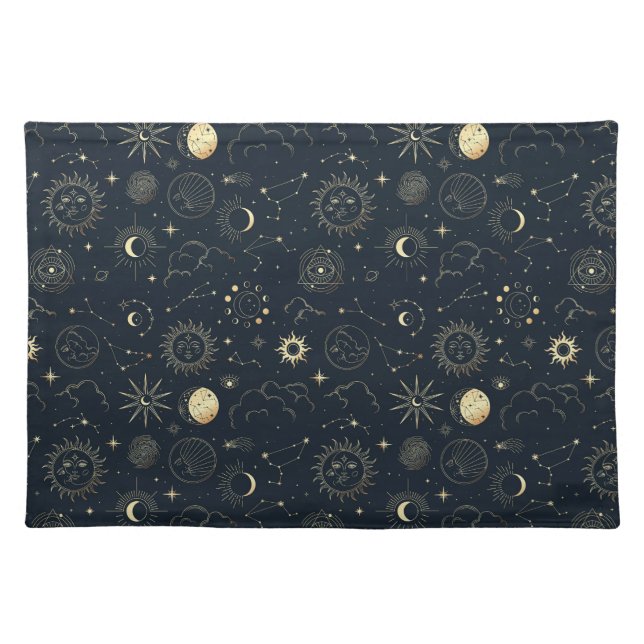 Midnight Blue Gold Star Constellation Pattern Cloth Placemat (Front)