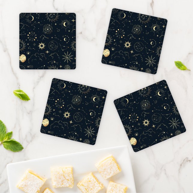 Midnight Blue Gold Star Constellation Pattern Coaster Set (In Situ)