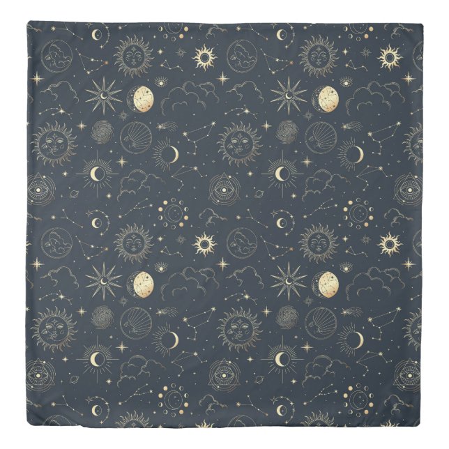 Midnight Blue Gold Star Constellation Pattern Duvet Cover (Front)