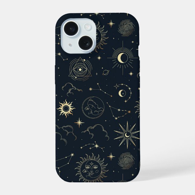 Midnight Blue Gold Star Constellation Pattern iPhone 15 Case (Back)