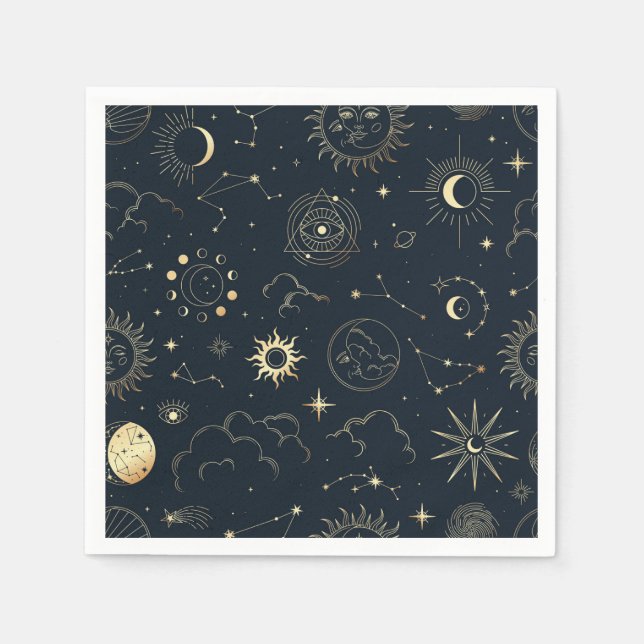 Midnight Blue Gold Star Constellation Pattern Napkins (Front)