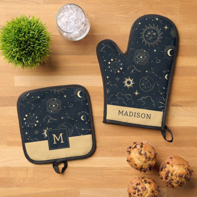 Midnight Blue Gold Star Constellation Pattern Oven Mitt & Pot Holder Set (Top Down)