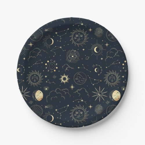 Midnight Blue Gold Star Constellation Pattern Paper Plates