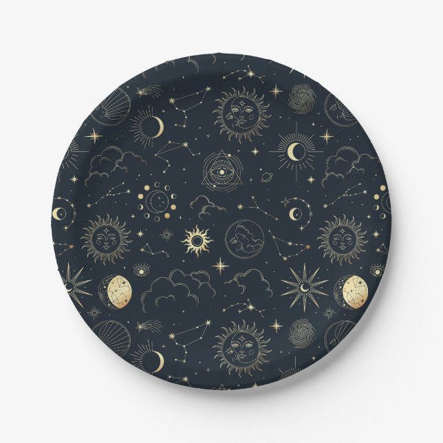 Midnight Blue Gold Star Constellation Pattern Paper Plates (Front)