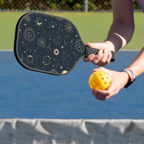 Midnight Blue Gold Star Constellation Pattern Pickleball Paddle