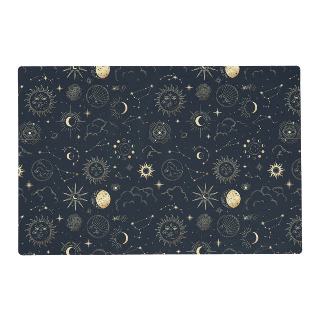 Midnight Blue Gold Star Constellation Pattern Placemat (Front)