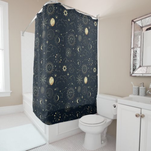 Midnight Blue Gold Star Constellation Pattern Shower Curtain