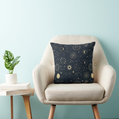 Midnight Blue Gold Star Constellation Pattern Throw Pillow