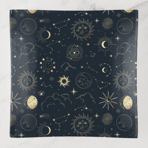 Midnight Blue Gold Star Constellation Pattern Trinket Tray