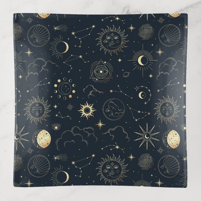 Midnight Blue Gold Star Constellation Pattern Trinket Tray (Front)