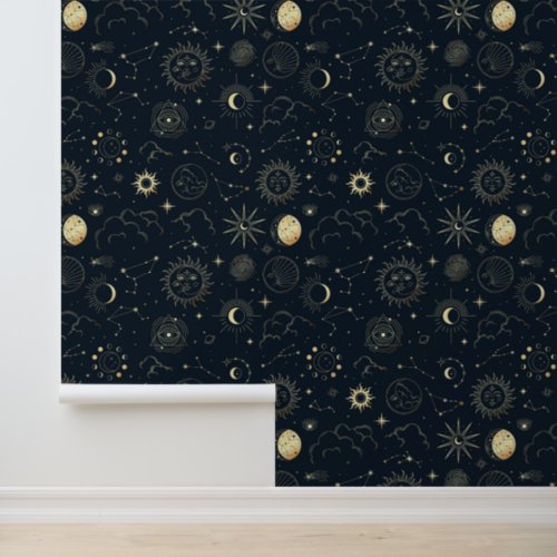 Midnight Blue Gold Star Constellation Pattern Wallpaper