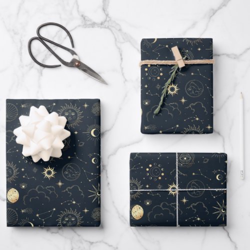 Midnight Blue Gold Star Constellation Pattern Wrapping Paper Sheets