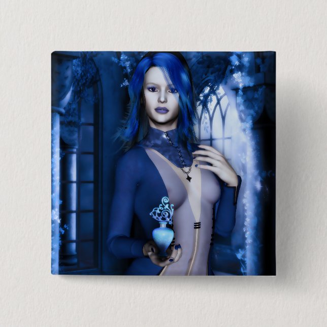 Midnight Blue Goth Witch Fantasy Button (Front)