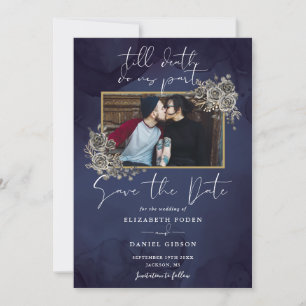 Midnight Blue Gothic Floral Photo Wedding Save The Date