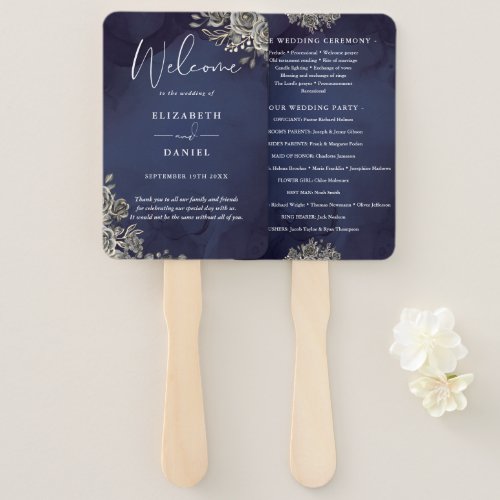 Midnight Blue Gothic Floral Wedding Program Hand Fan