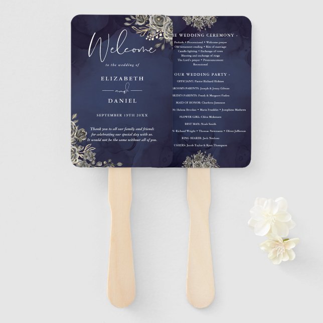 Midnight Blue Gothic Floral Wedding Program Hand Fan (Front and Back)